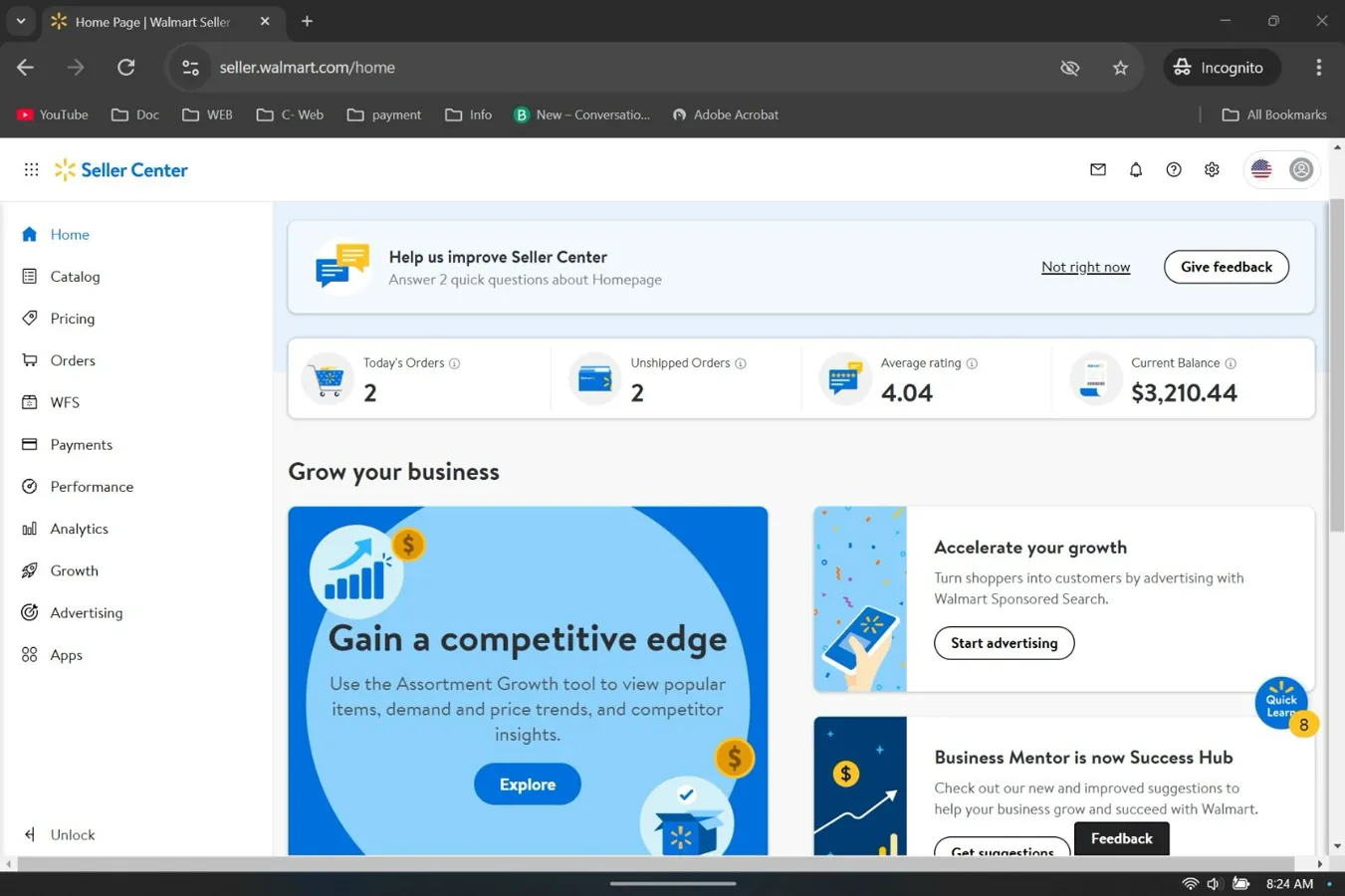 Walmart Marketplace store management dashboard
